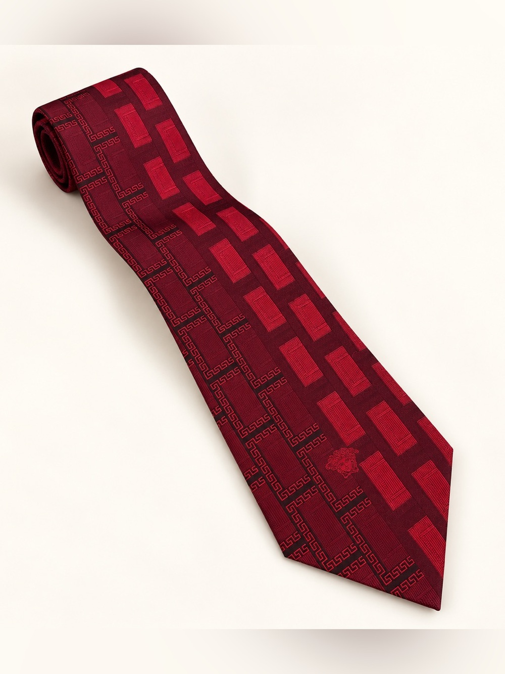 Vintage Gianni Versace Tie Burgundy Red Medusa Greek Key Geometric 56"